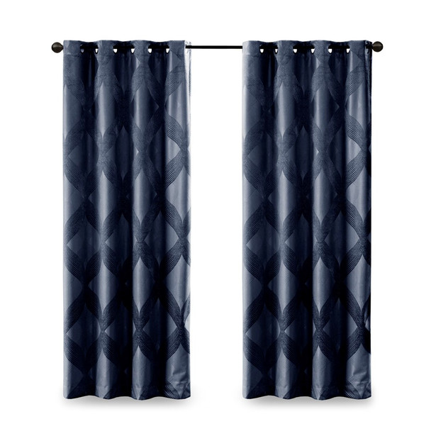 Navy Blue Ogee Design Knitted Jacquard Total Blackout Panel (Bentley Ogee-Navy-window)