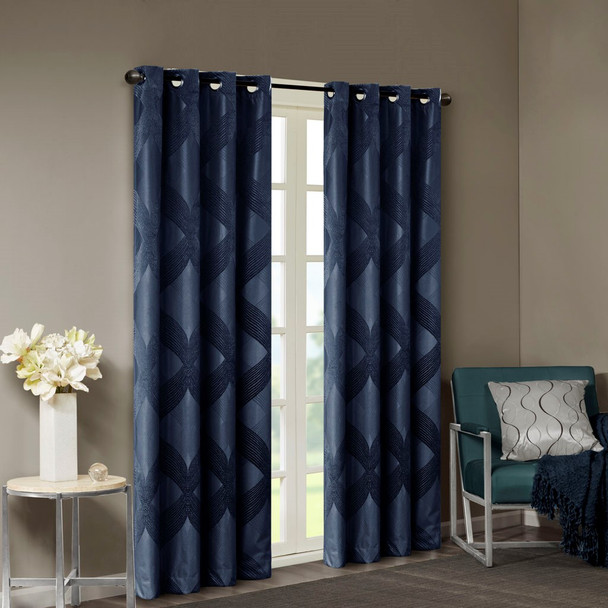 Navy Blue Ogee Design Knitted Jacquard Total Blackout Panel (Bentley Ogee-Navy-window)