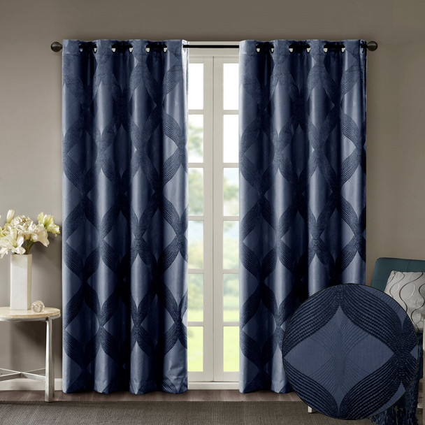 Navy Blue Ogee Design Knitted Jacquard Total Blackout Panel (Bentley Ogee-Navy-window)