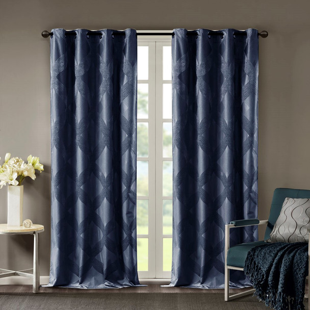 Navy Blue Ogee Design Knitted Jacquard Total Blackout Panel (Bentley Ogee-Navy-window)