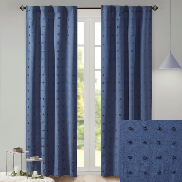 Blue on Blue Cotton Tufts Jacquard Pom Pom  Window Panel