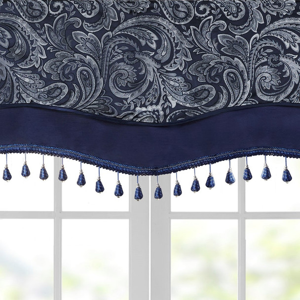 Navy Blue & Ivory Paisley Jacquard Window Valance w/Beads (Aubrey-Navy-val-beads)