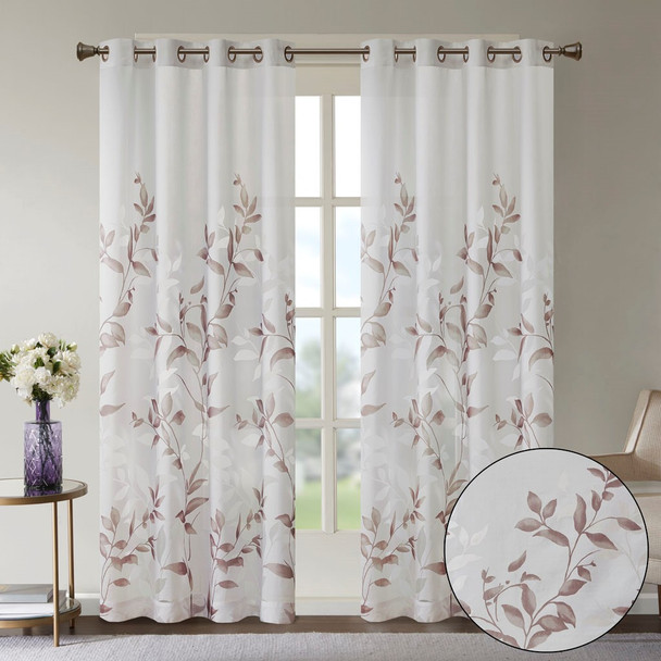 Mauve & White Floral Botanical Grommet Top Curtain Panel - 84" (Cecily-Mauve-Panel)