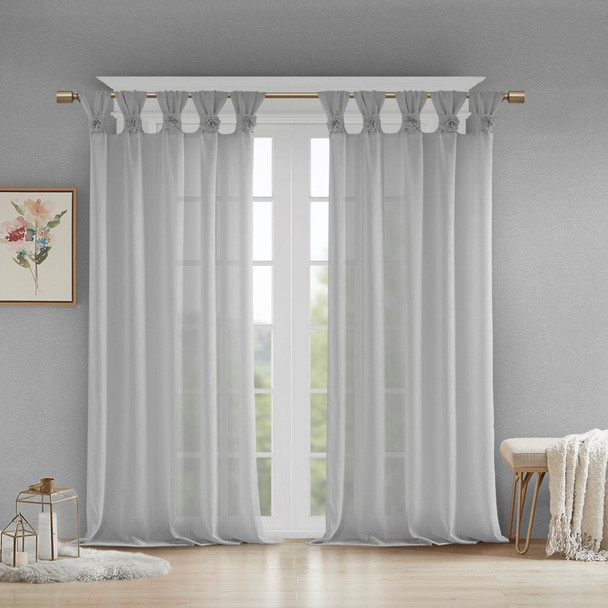 Grey Feminine & Floral Cuff Tab Top Sheer Window Curtain Panel (Rosette-Grey-Panel)