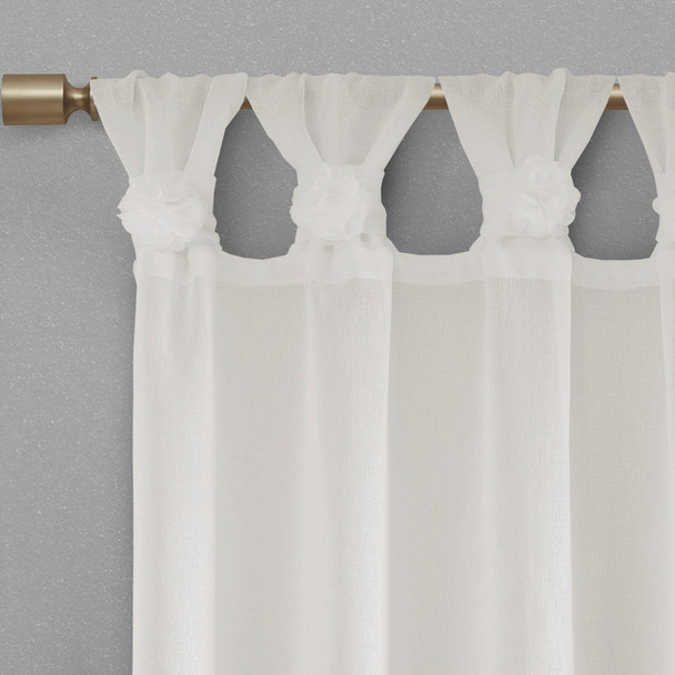 White Feminine & Floral Cuff Tab Top Sheer Window Curtain Panel (Rosette-White-Panel)