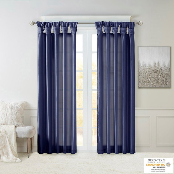 Navy Blue Faux Silk DIY Twisted Tab Top Window Curtain Panel (Emilia-Navy Blue-Curtain)