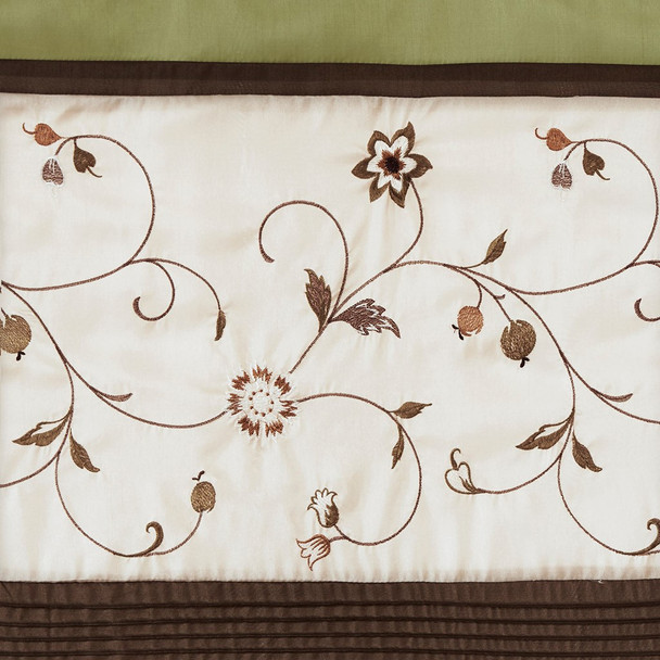 Green & Brown Embroidered Floral Window Curtain Panel - 84" (Serene-Green-Panel)