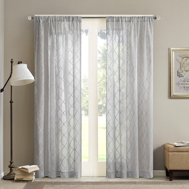 Grey Diamond Sheer Embroidered Rod Pocket Window Curtain Panel (Irina-Grey-Panel)