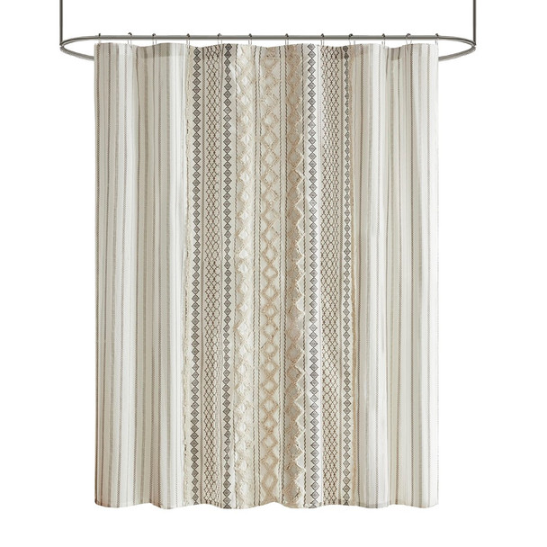 Ivory Cotton Printed Shower Curtain with Chenille Stripe - 72x72" (086569389060)