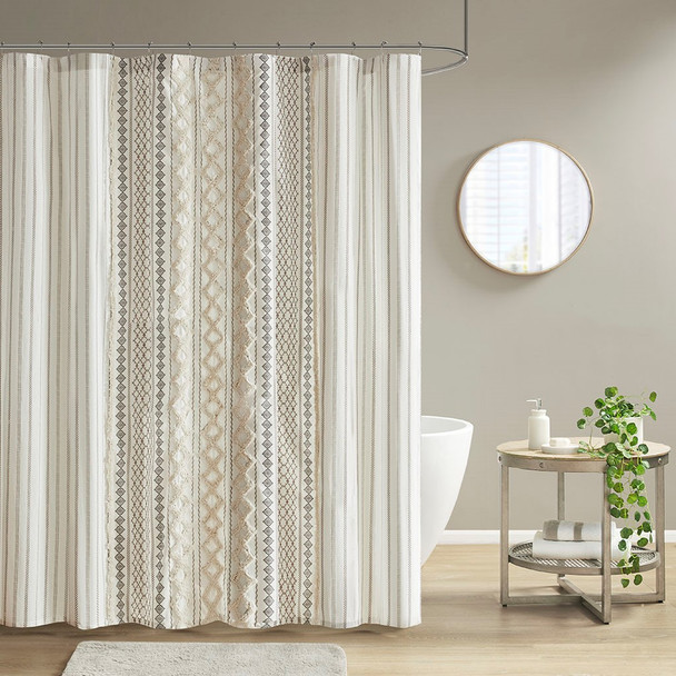 Ivory Cotton Printed Shower Curtain with Chenille Stripe - 72x72" (086569389060)