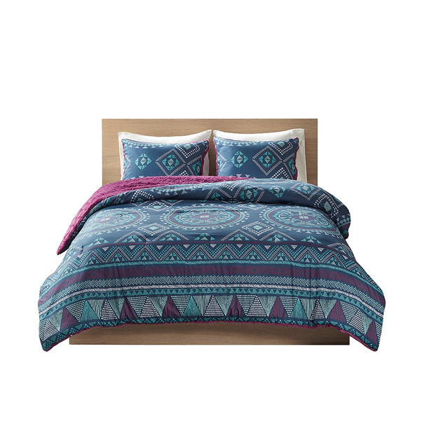 3pc Navy blue & Purple Reversible Comforter AND Decorative Shams (Ripley-Navy/Purple)