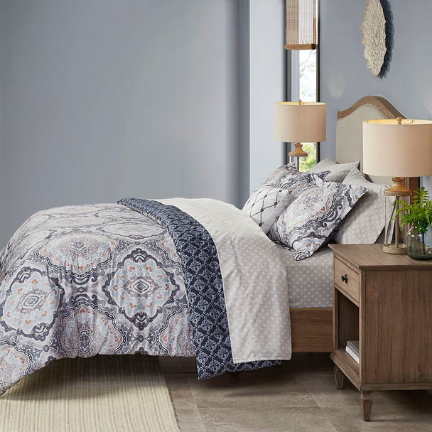  Navy & White Reversible Medallions Comforter Set AND Matching Sheets (Titus-Navy-comf)