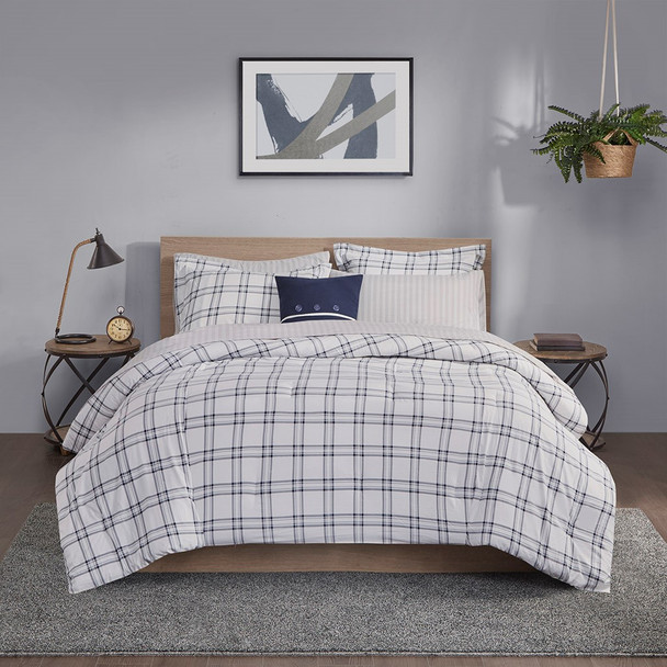 Navy Blue & White Plaid Reversible Comforter Set AND Matching Sheet Set (Patrick-Navy-comf)