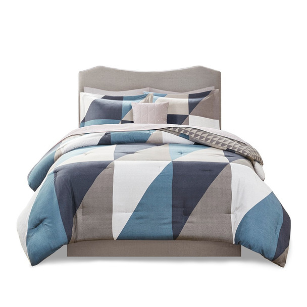 Navy Blue White & Grey Reversible Comforter Set AND Matching Sheet Set (Remy-Navy-comf)