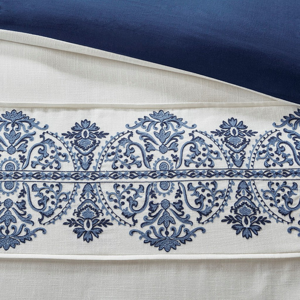 Off White & Navy Blue Farmhouse Embroidery Comforter Set AND Decorative Pillows (Indigo Sky-Off White/Blue-comf)