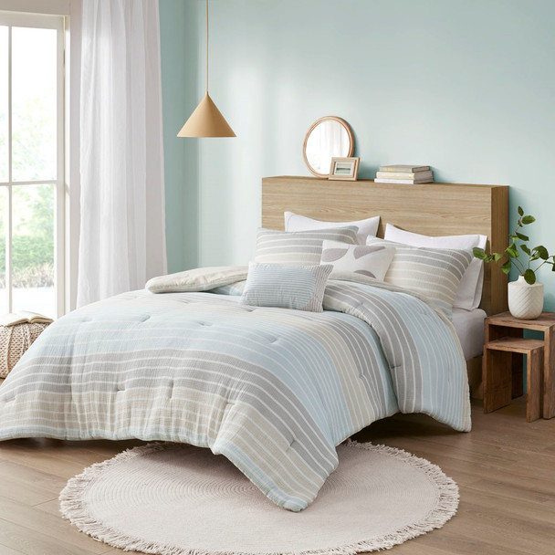 Aqua Blue & Grey Woven Striped Cotton Comforter Set AND Decorative Pillows (Hayes-Aqua-comf)