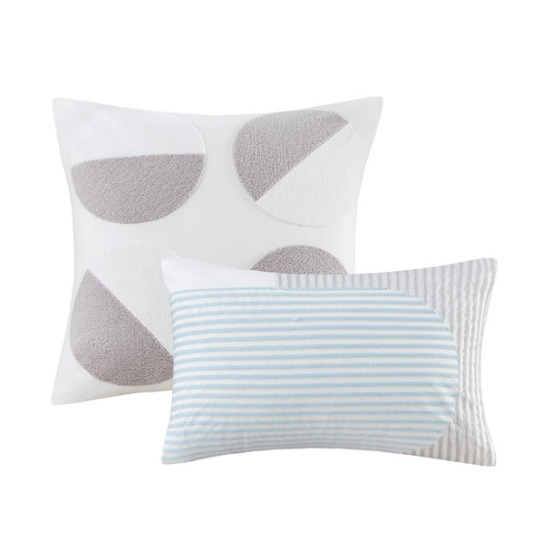 Aqua Blue & Grey Woven Striped Cotton Comforter Set AND Decorative Pillows (Hayes-Aqua-comf)