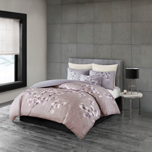 3pc Lilac Cherry Blossoms Cotton Sateen Comforter AND Decorative Shams (Sakura Blossom-Lilac-Comf)