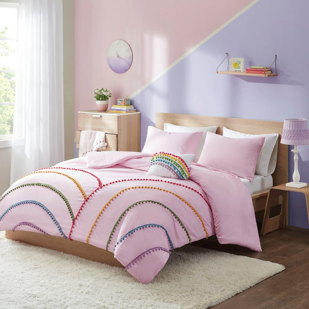 Pink w/Pom Pom Rainbows Comforter Set AND Decorative Pillows (Juniper-Pink-Comf)