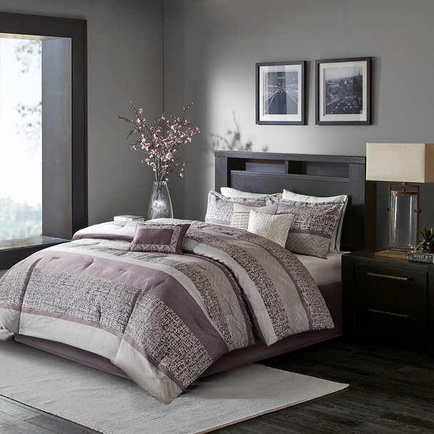 7pc Purple & Grey Woven Jacquard Comforter Set AND Decorative Pillows (Rhapsody-Purple)