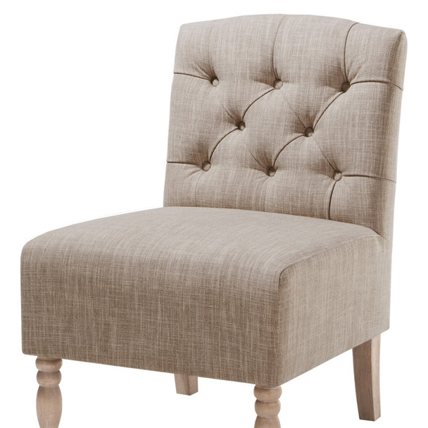 Beige Tufted Armless Chair Solid Wood Finish Hand Carved Spooled Legs (675716531294)