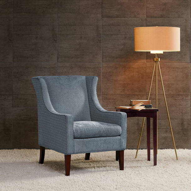 Blue Upholstered Wing Chair Birch Wood Legs in Espresso Finish (675716726928)