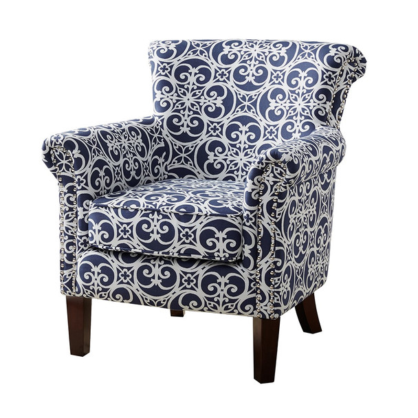 Navy Tight Back Club Chair Solid Wood Frame & Legs w/Round Arms (675716727154)