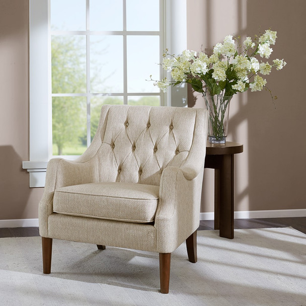 Beige Button Tufted Accent Chair Solid Wood Legs & Round Arms (675716746377)