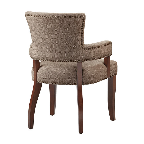 Brown Arm Dining Chair Solid wood Frame Brass Nail Head Detailing (675716699055)