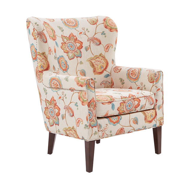 Cream Multi Color Accent Wingback Chair Solid Wood legs & Frame (086569943644)