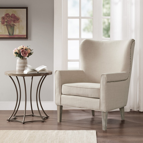 Natural Color Accent Wingback Chair Solid Wood Frame & Legs Brass Nailheads (086569082213)