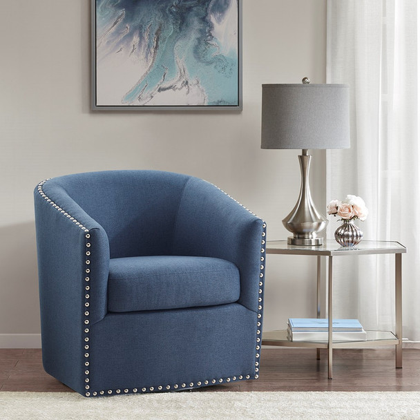 Blue Swivel Chair w/Silver Nail Accent Black Metal Base Fully Assembled (086569457349)