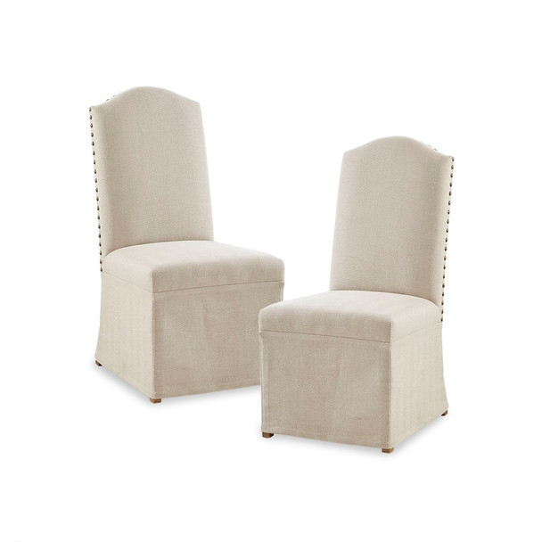 Set of 2 Beige High Back Dining Chairs w/Skirts Solid Wood Legs Fully Assembled (086569218421)