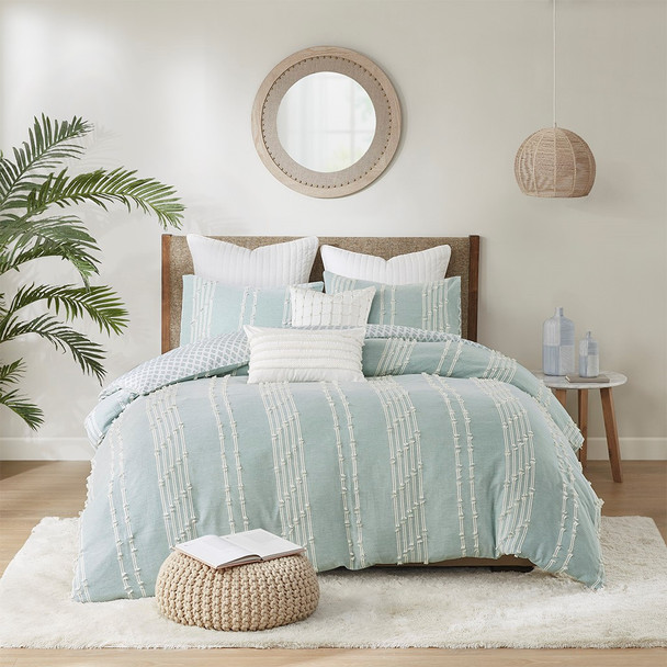 3pc Aqua Blue & Ivory Reversible Cotton Comforter AND Decorative Pillow Shams (Kara-Aqua-Comf)