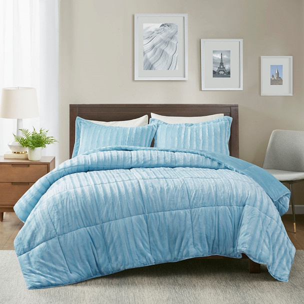 3pc Blue Faux Fur Comforter AND Decorative Pillow Shams (Duke-Aqua)