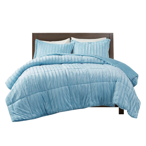 3pc Blue Faux Fur Comforter AND Decorative Pillow Shams (Duke-Aqua)