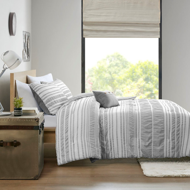Grey & White Striped Reversible Comforter Set AND Decorative Pillow (Lumi-Grey)