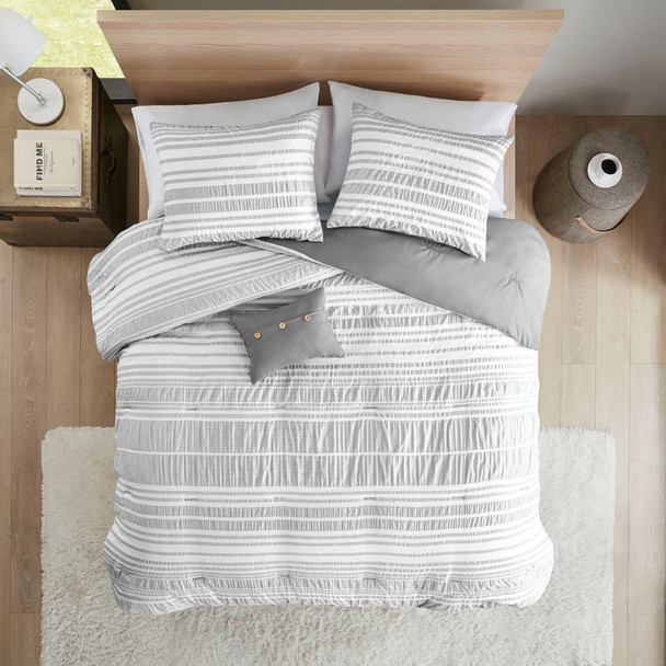 Grey & White Striped Reversible Comforter Set AND Decorative Pillow (Lumi-Grey)