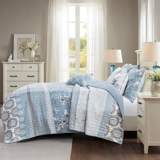 6pc Blue & White Geo Floral Reversible Quilted Coverlet AND Decorative Pillows (Willa-Blue-Cov)
