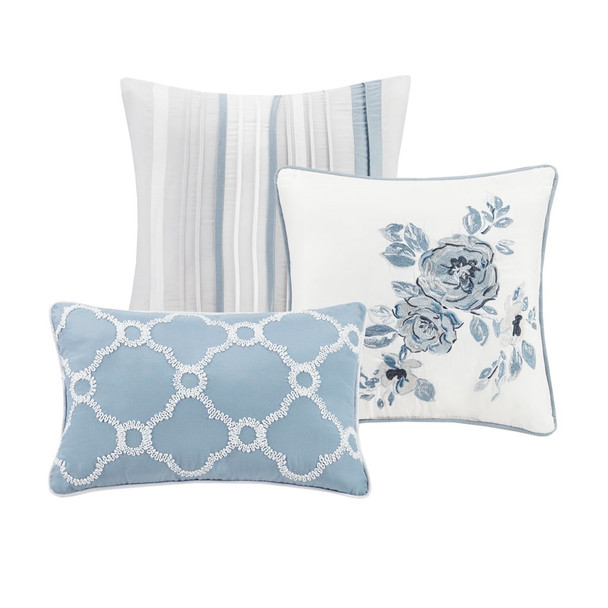 6pc Blue & White Geo Floral Reversible Quilted Coverlet AND Decorative Pillows (Willa-Blue-Cov)