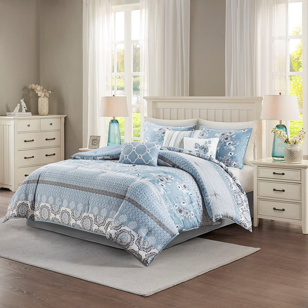 7pc Blue & White Geo Floral Comforter Set AND Decorative Pillows (Willa-Blue-Comf)