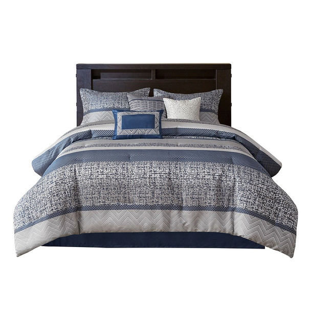 7pc Navy Blue Woven Jacquard Comforter Set AND Decorative Pillows (Rhapsody-Navy)