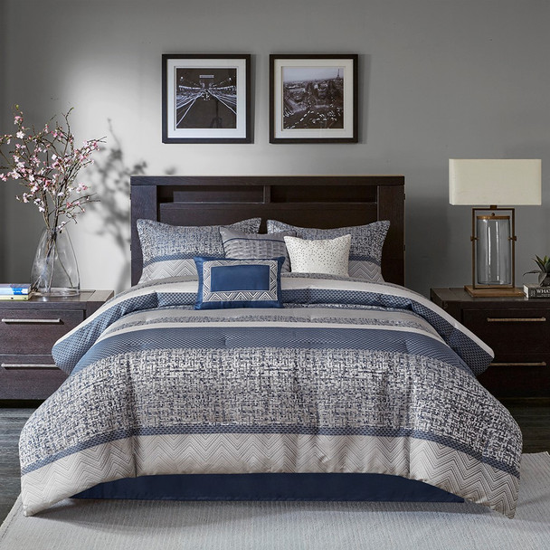7pc Navy Blue Woven Jacquard Comforter Set AND Decorative Pillows (Rhapsody-Navy)