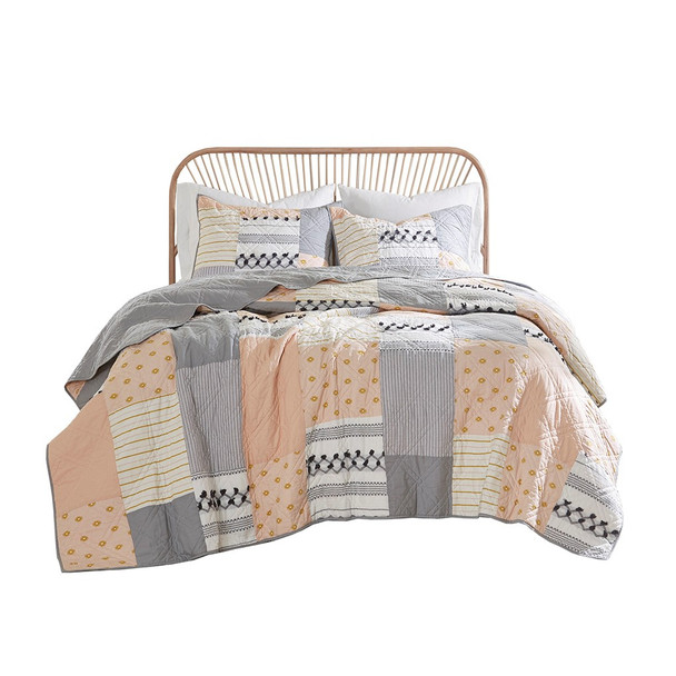 3pc Blush Pink & Grey Patchwork Cotton Coverlet AND Decorative Shams (Ani-Blush/Grey-cov)