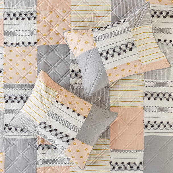 3pc Blush Pink & Grey Patchwork Cotton Coverlet AND Decorative Shams (Ani-Blush/Grey-cov)
