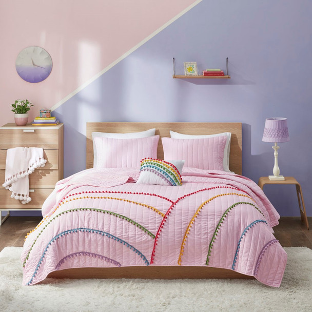 Pink w/Pom Pom Rainbows Coverlet Set AND Decorative Pillows (Juniper-Pink-Cov)