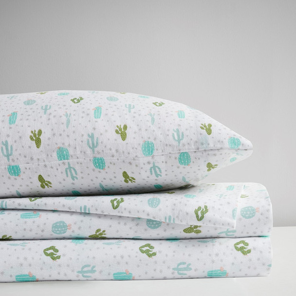 Green & White Cactus Warm Cotton Flannel Sheet Set (Cozy Soft Cotton-Green Cactus-Sheets)