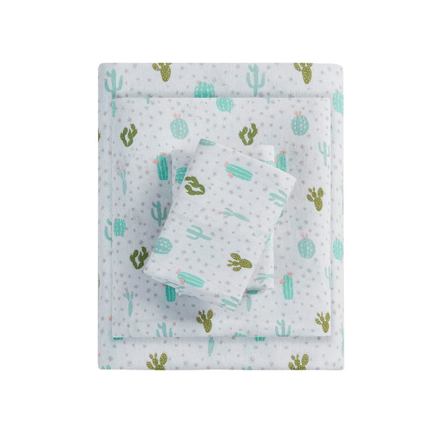 Green & White Cactus Warm Cotton Flannel Sheet Set (Cozy Soft Cotton-Green Cactus-Sheets)