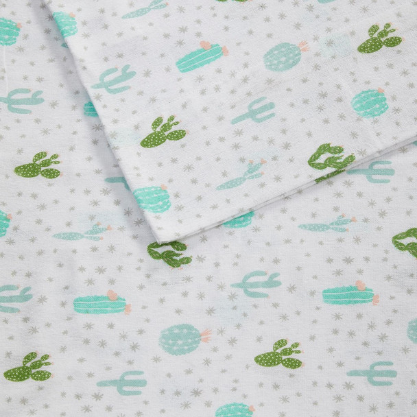 Green & White Cactus Warm Cotton Flannel Sheet Set (Cozy Soft Cotton-Green Cactus-Sheets)