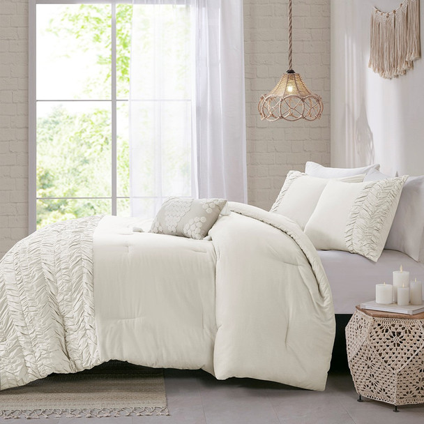 4pc Off White Cotton Ruched Comforter Set AND Decorative Pillow (Doreen-Off White-comf)